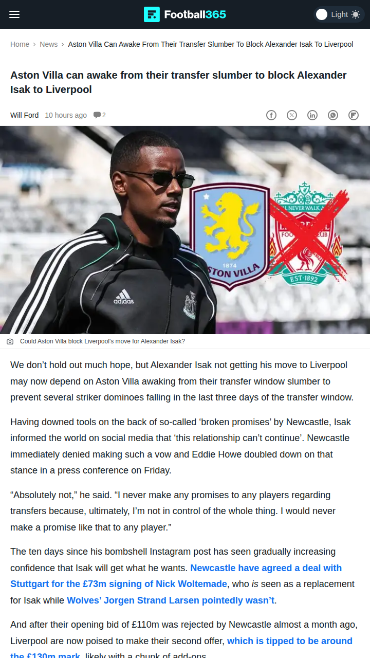 Villa’s Last-Minute Move Could Block Isak to Liverpool