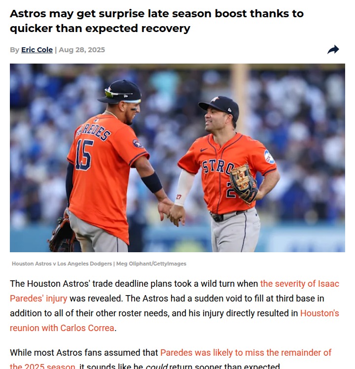 Astros’ infield shakeup: Paredes could return sooner