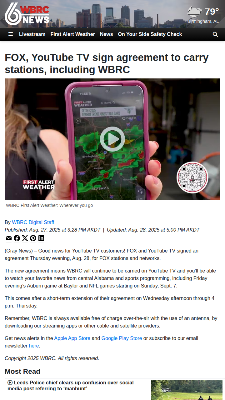 YouTube TV keeps FOX, WBRC & big games!