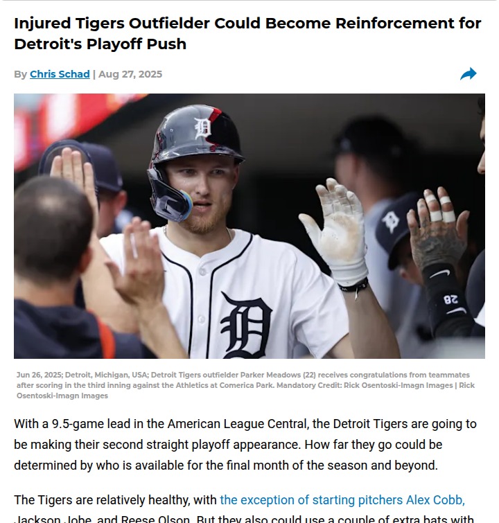 Parker Meadows’ return could boost Tigers’ playoff run