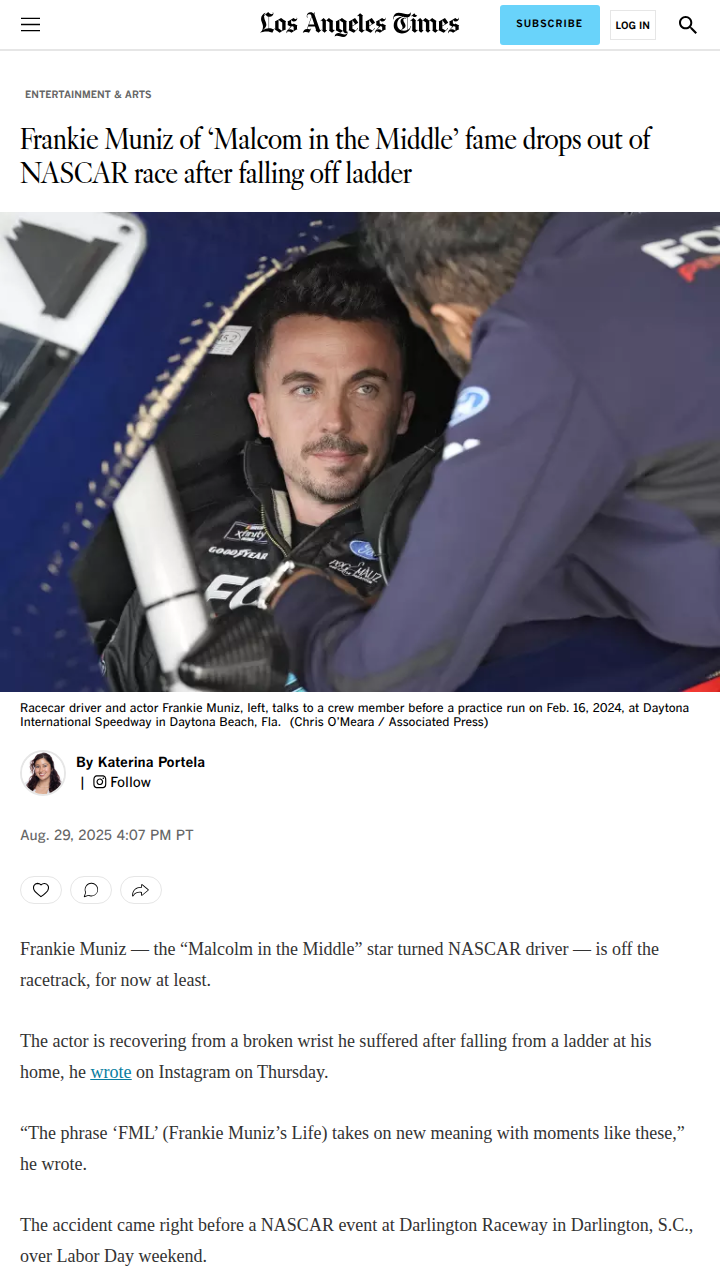 Malcolm’s Muniz Out After Ladder Mishap
