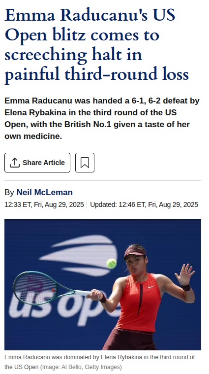 Raducanu Outclassed by Rybakina at US Open