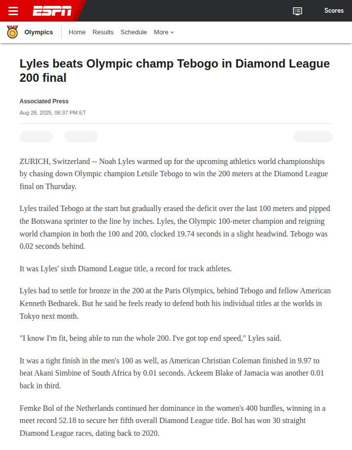 Lyles Edges Tebogo in Epic 200m Rematch