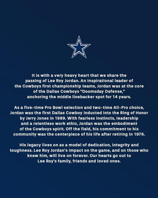 Cowboys legend Lee Roy Jordan passes away before season