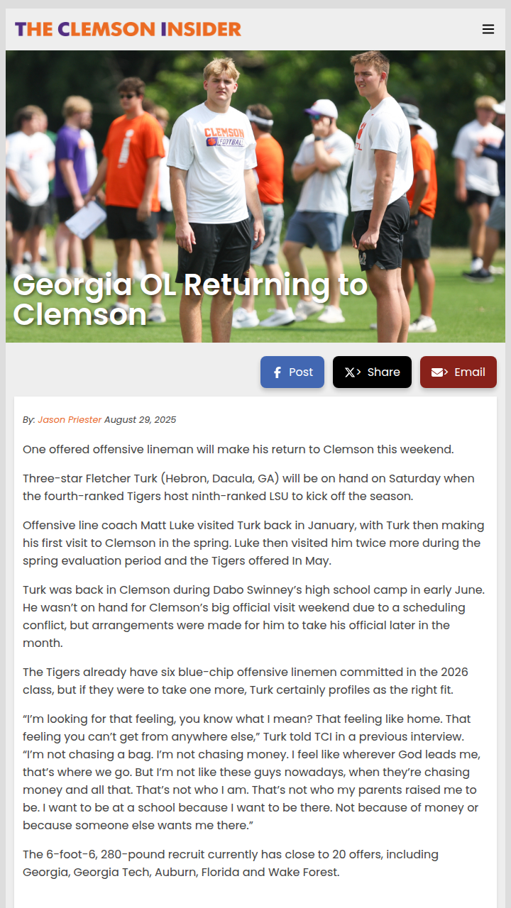 Clemson hosts Georgia OL Fletcher Turk this weekend