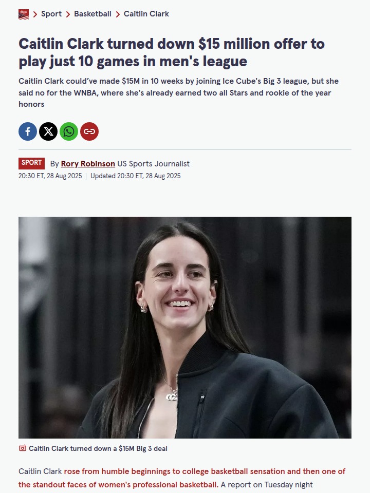 Clark Turns Down $15M Big3 Offer for Fever Legacy
