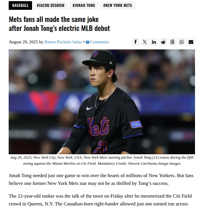 Mets fans roast deGrom after Tong’s debut