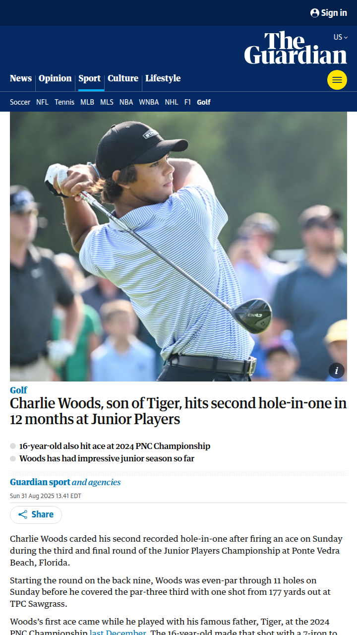 Charlie Woods nails another ace at TPC Sawgrass