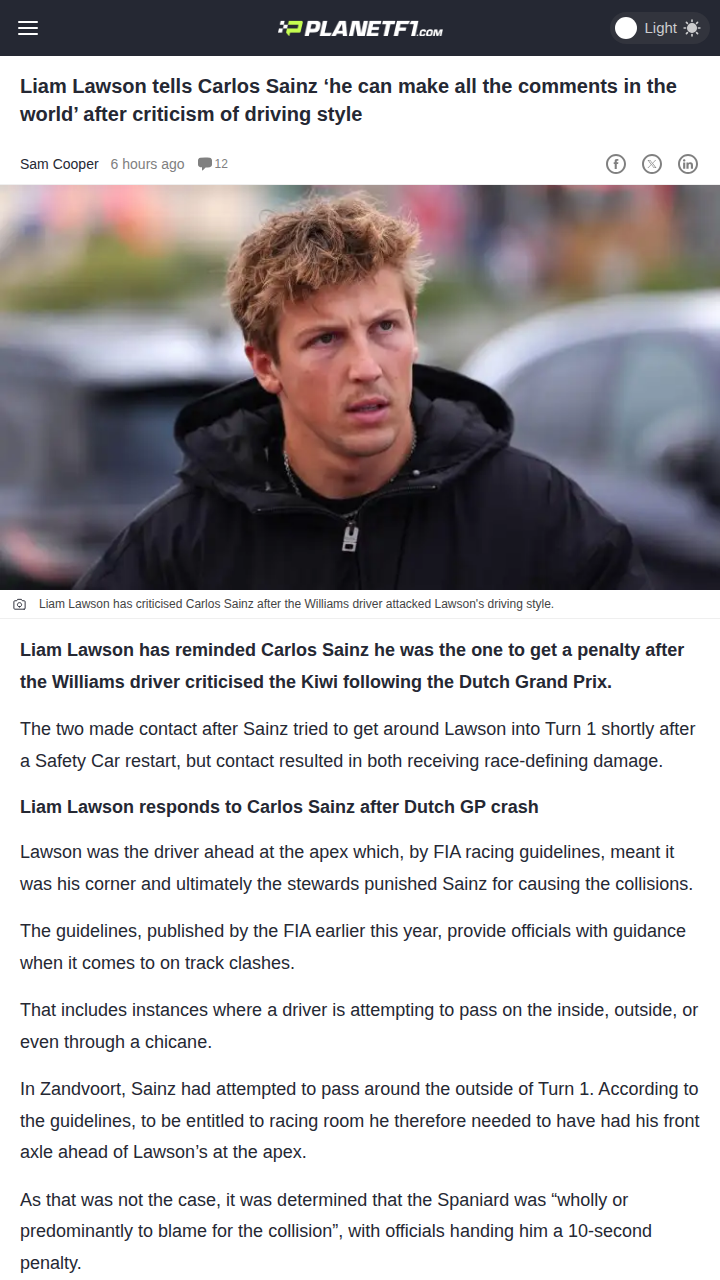 Lawson Fires Back After Sainz’s Dutch GP Penalty