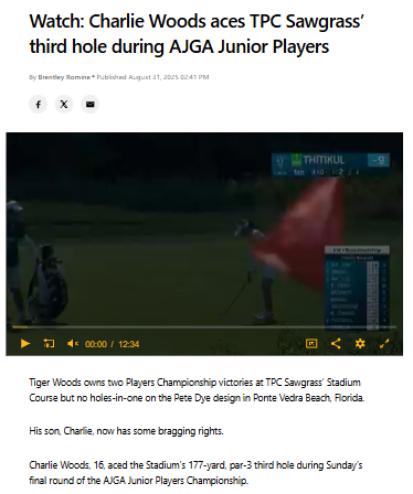 Charlie Woods nails ace at TPC Sawgrass