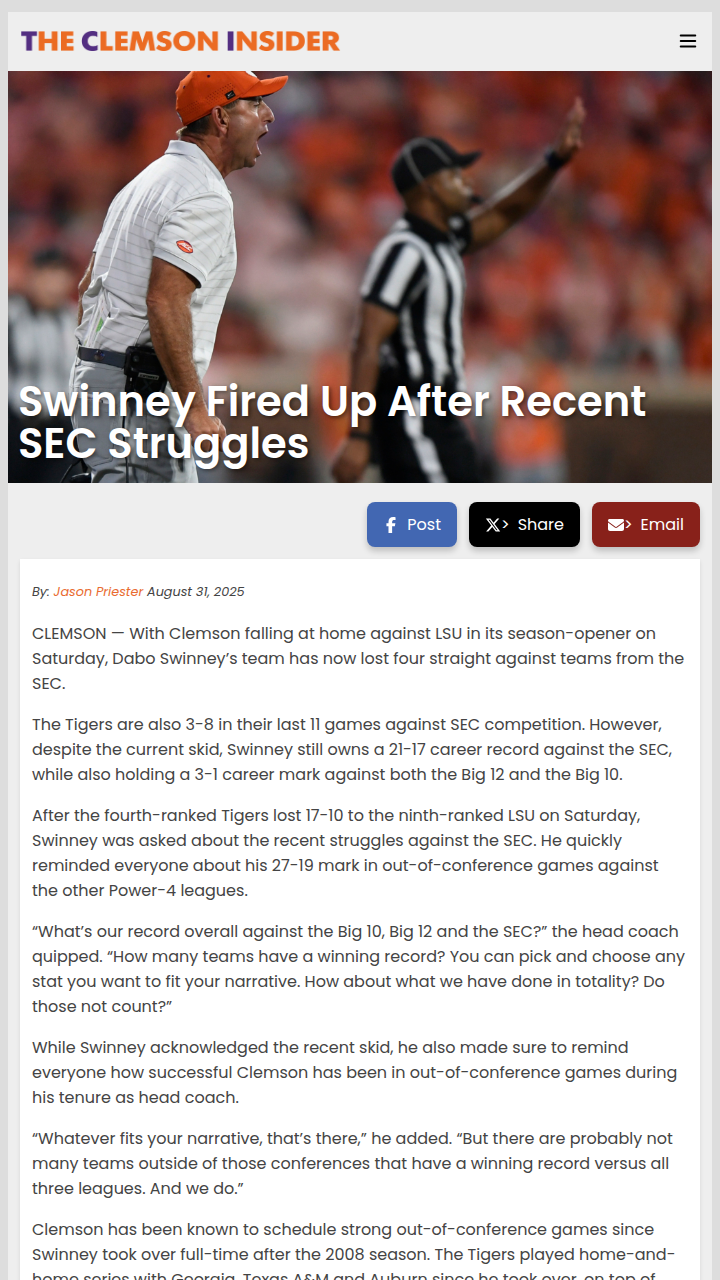 Clemson’s SEC skid: Is it time to worry?