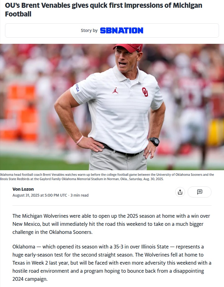 Sooners vs Wolverines: Venables’ Take on Michigan