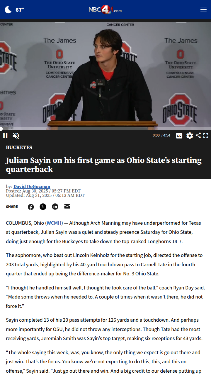 Julian Sayin’s calm debut lifts Ohio State