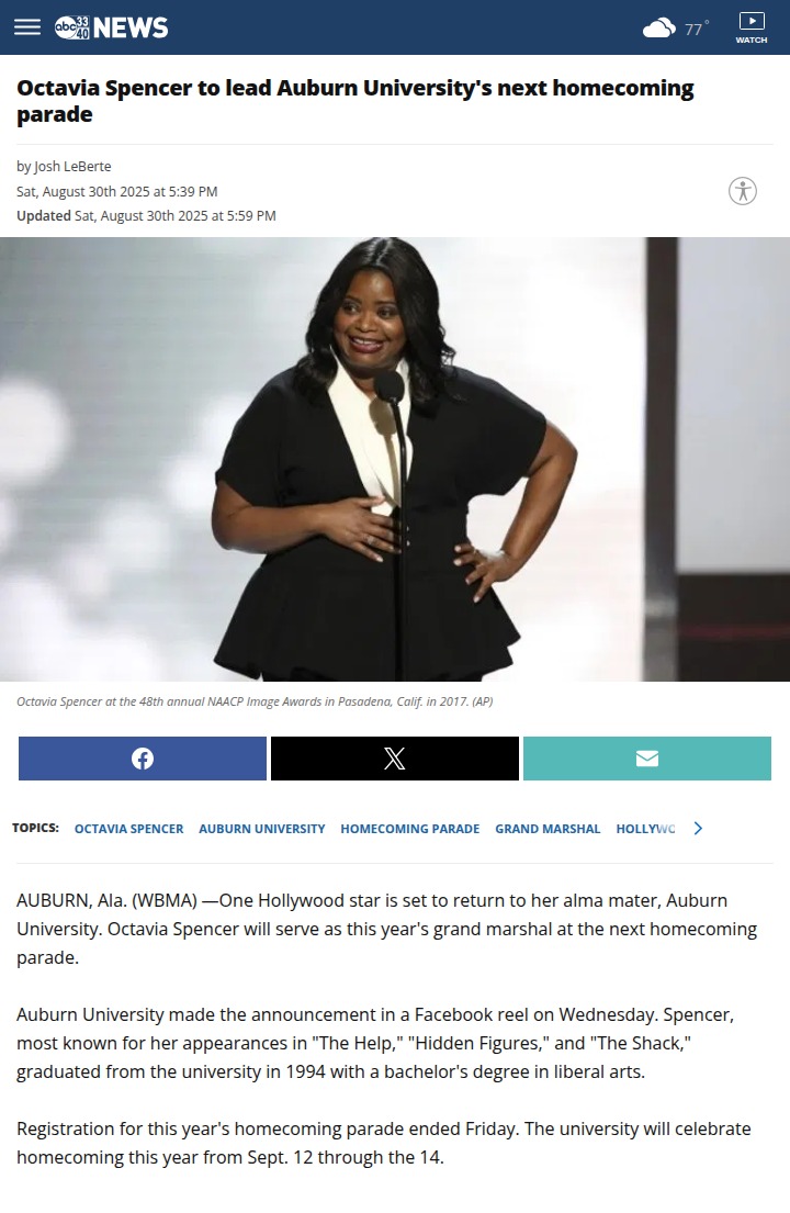 Octavia Spencer returns to Auburn for homecoming