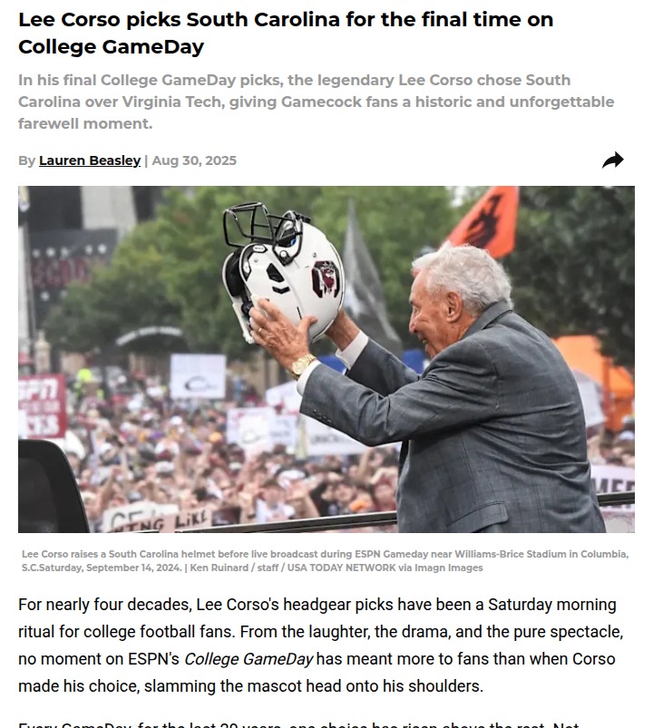 Lee Corso’s final Gamecock pick stirs memories