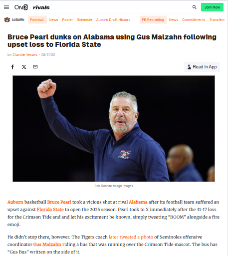 Auburn coach trolls Alabama after upset loss