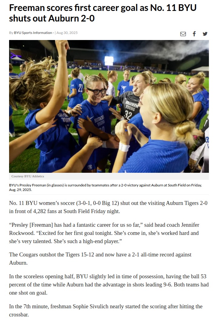Freeman’s first goal powers BYU to big win