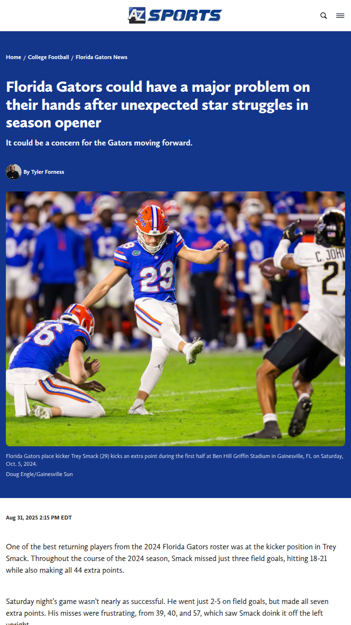 Florida Gators kicker’s rough night sparks concern
