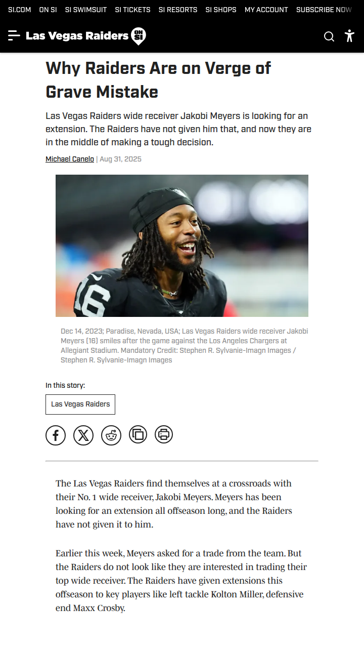 Raiders risk losing their top receiver