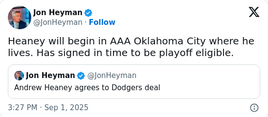 Dodgers bring back Andrew Heaney for playoff push