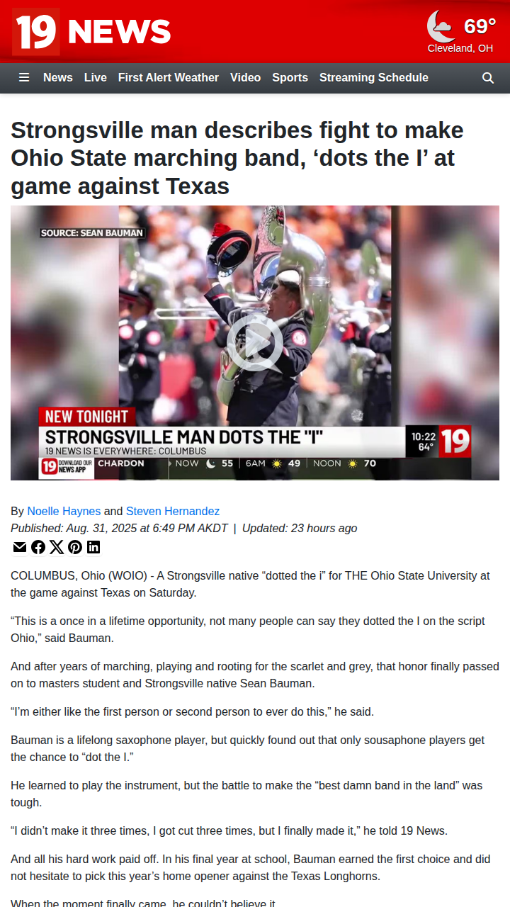 Strongsville’s Sean Bauman lives the Buckeye dream