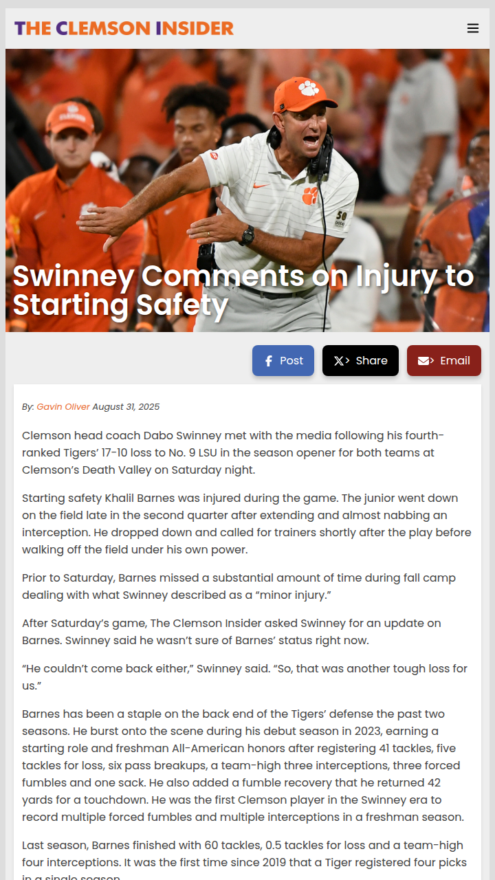 Clemson’s defense takes a hit with Barnes injury