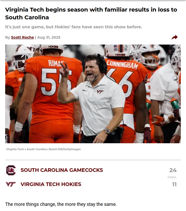 Virginia Tech’s costly mistakes hand win to South Carolina