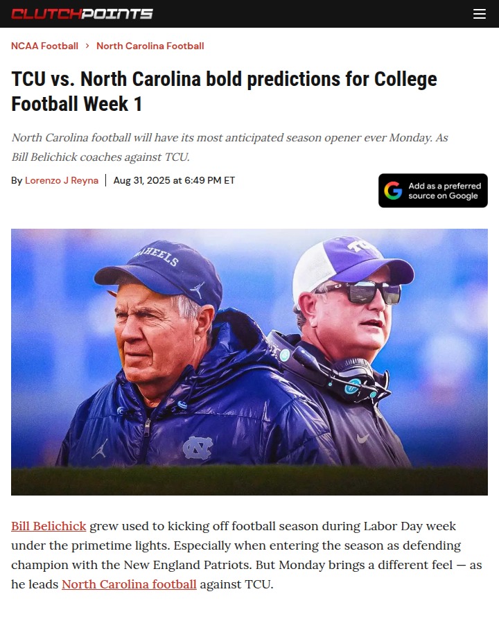 Belichick’s Tar Heels Debut: Can UNC Upset TCU?
