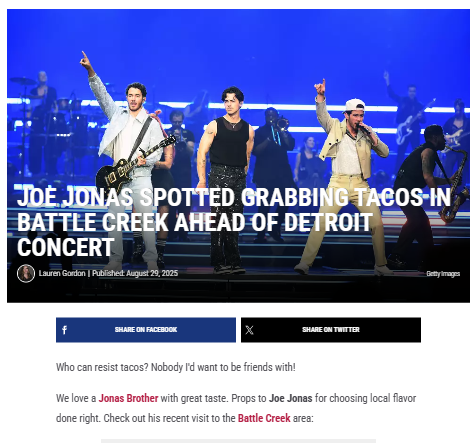 Joe Jonas grabs tacos in Battle Creek