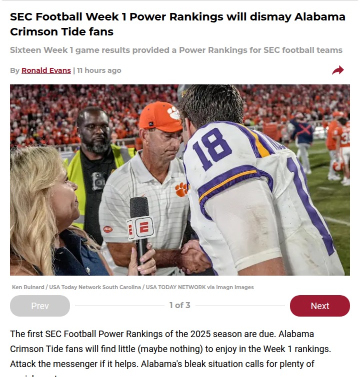 Tough Week 1 for Bama: SEC Power Rankings Shock