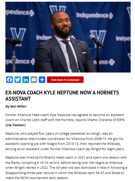 Neptune Joins the Hive: Ex-Nova Coach to Hornets