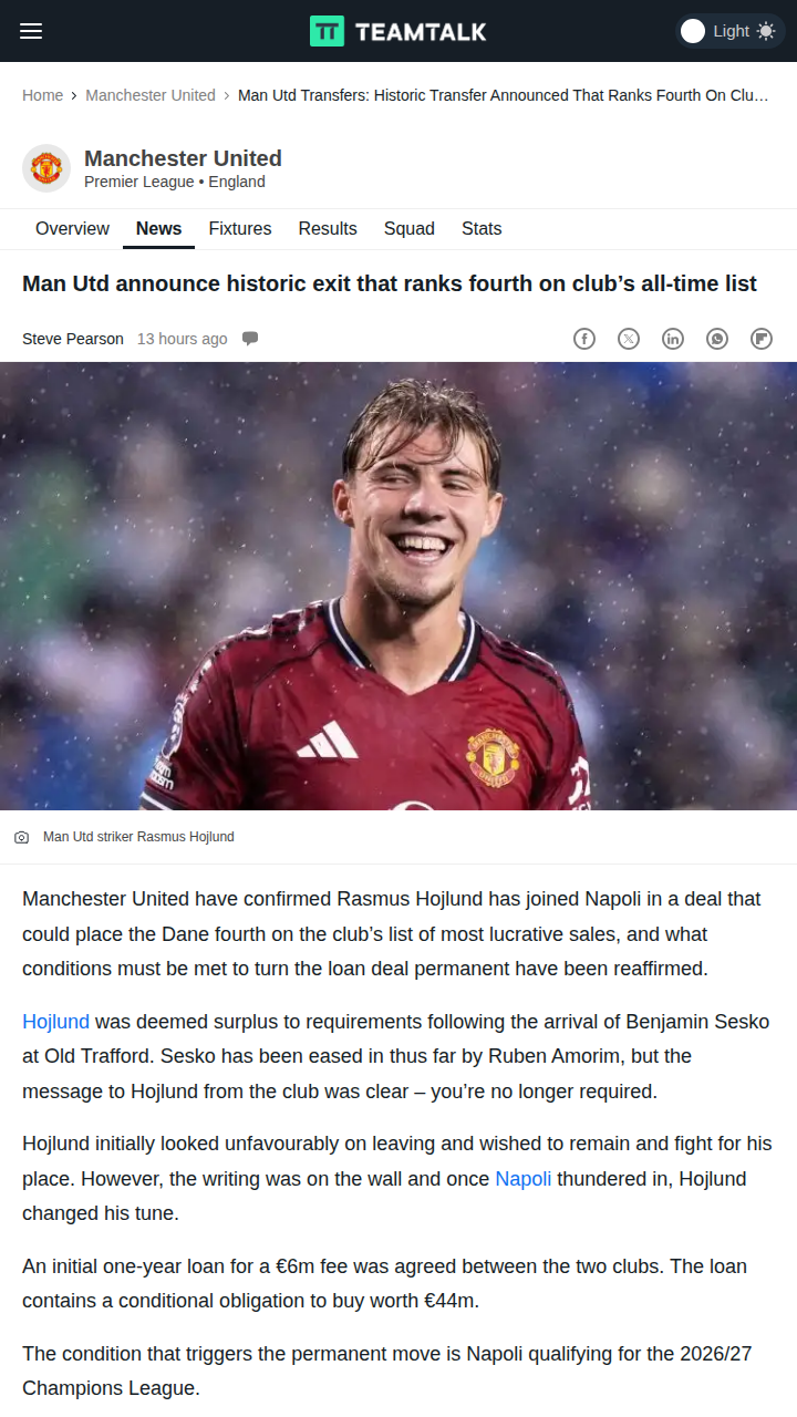Red Devils Cash In: Hojlund’s Napoli Move Shakes Up Top Sales