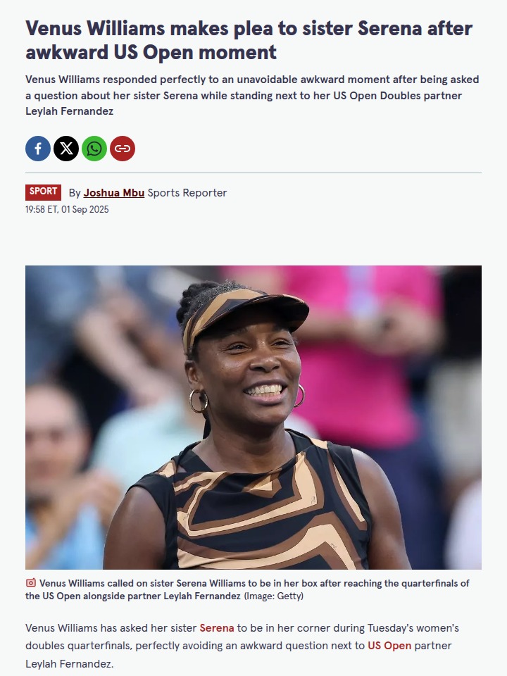 Venus Williams Calls on Serena for US Open Quarters
