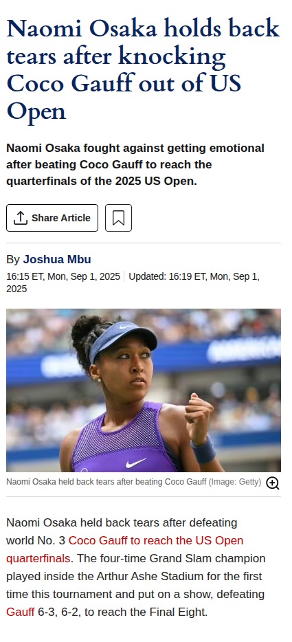 Osaka Holds Back Tears After Beating Gauff