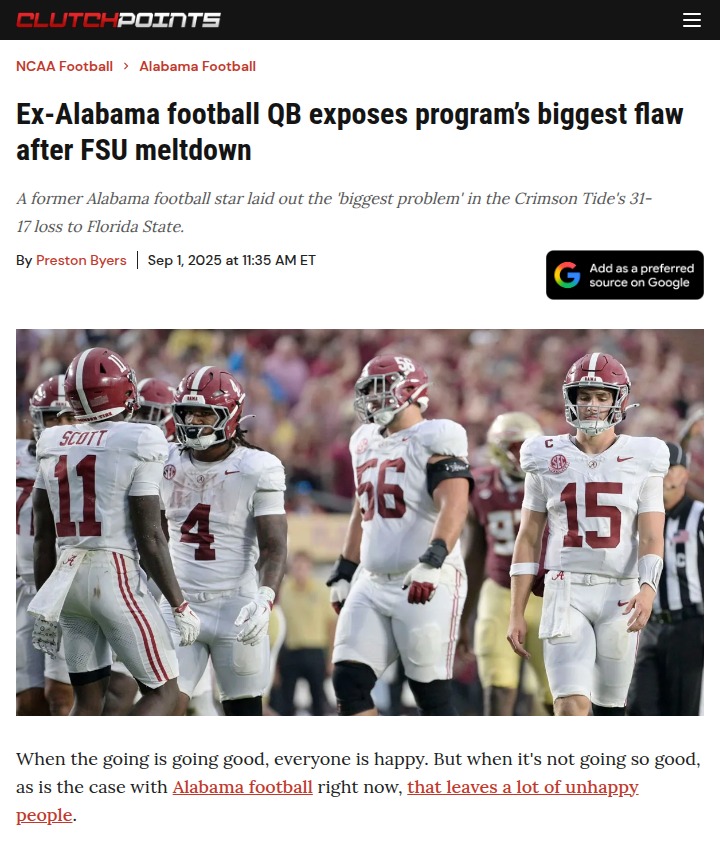 Ex-Bama QB Calls Out Tide’s Effort vs FSU