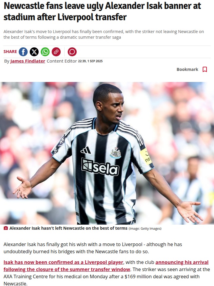 Isak’s Liverpool move sparks Newcastle fury