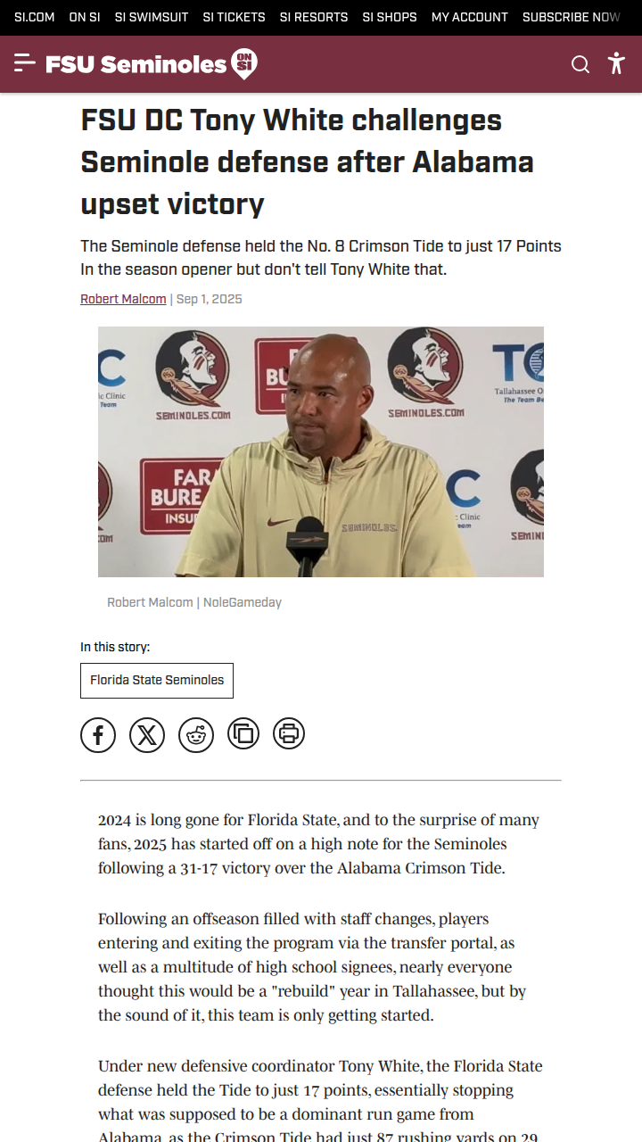 FSU defense stuns Alabama, but Tony White wants more