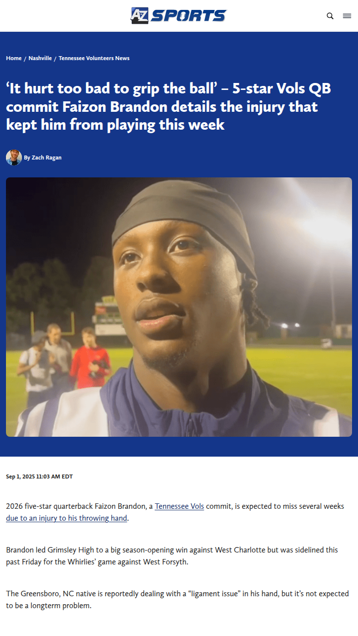 Tennessee’s top QB commit sidelined by hand injury