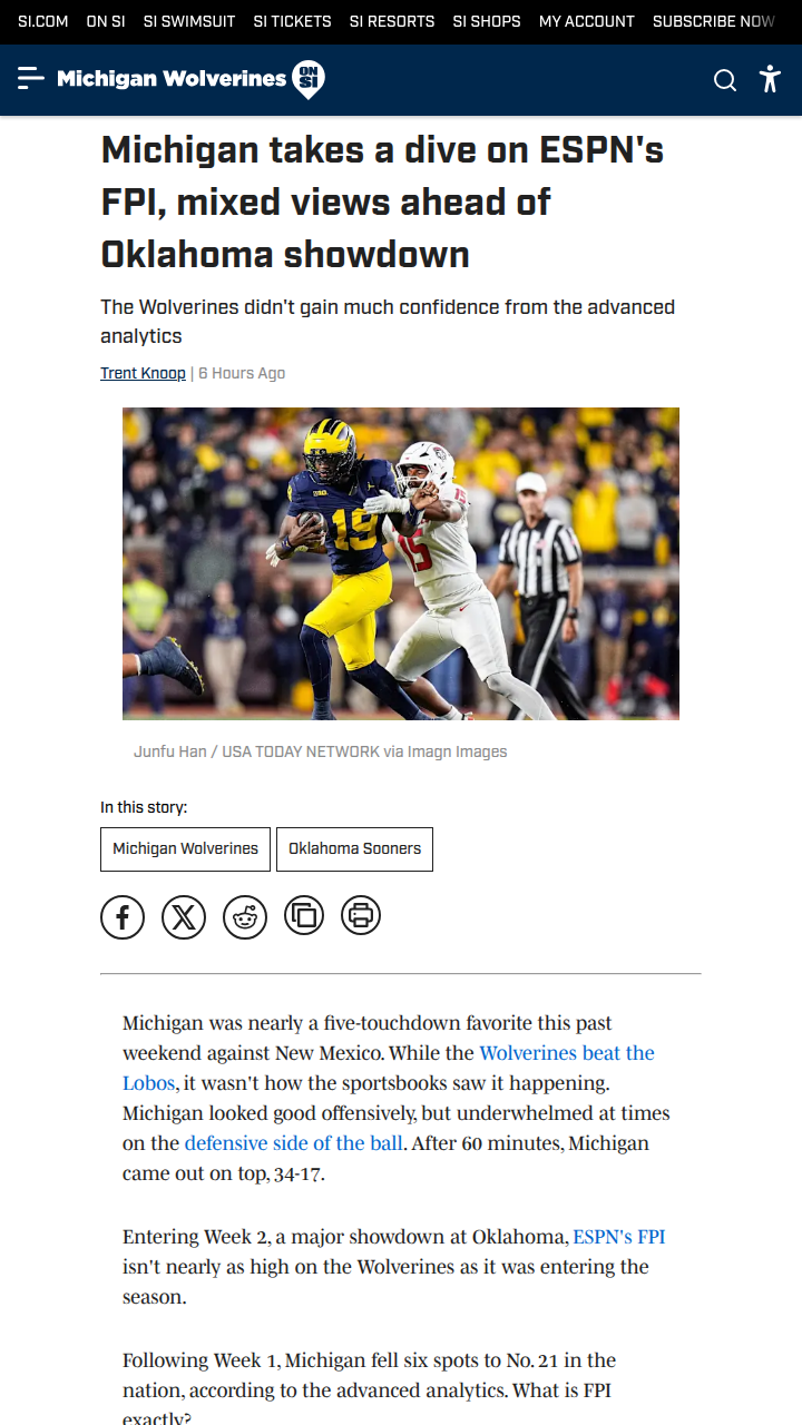 Michigan football slips in ESPN’s FPI rankings