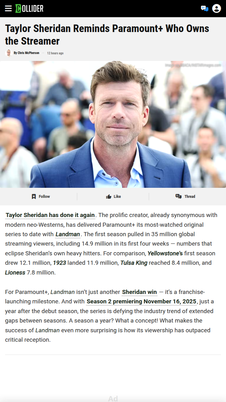 Paramount+ Drama: Sheridan Outscores Critics 🤠