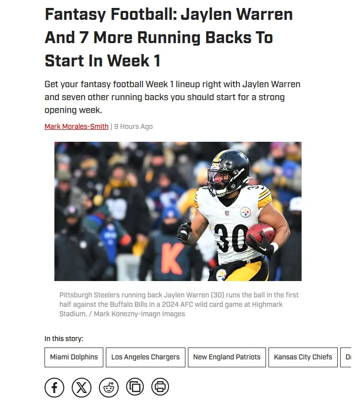 Warren Headlines Week 1 RB Must-Starts!
