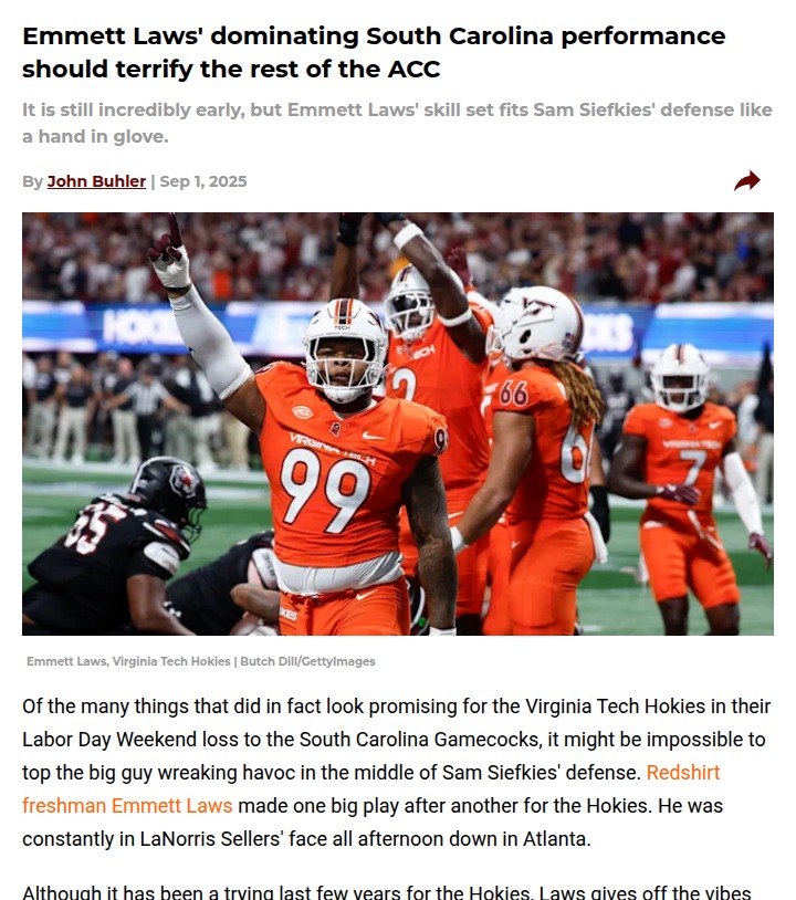 Emmett Laws Ignites Hokies vs Gamecocks