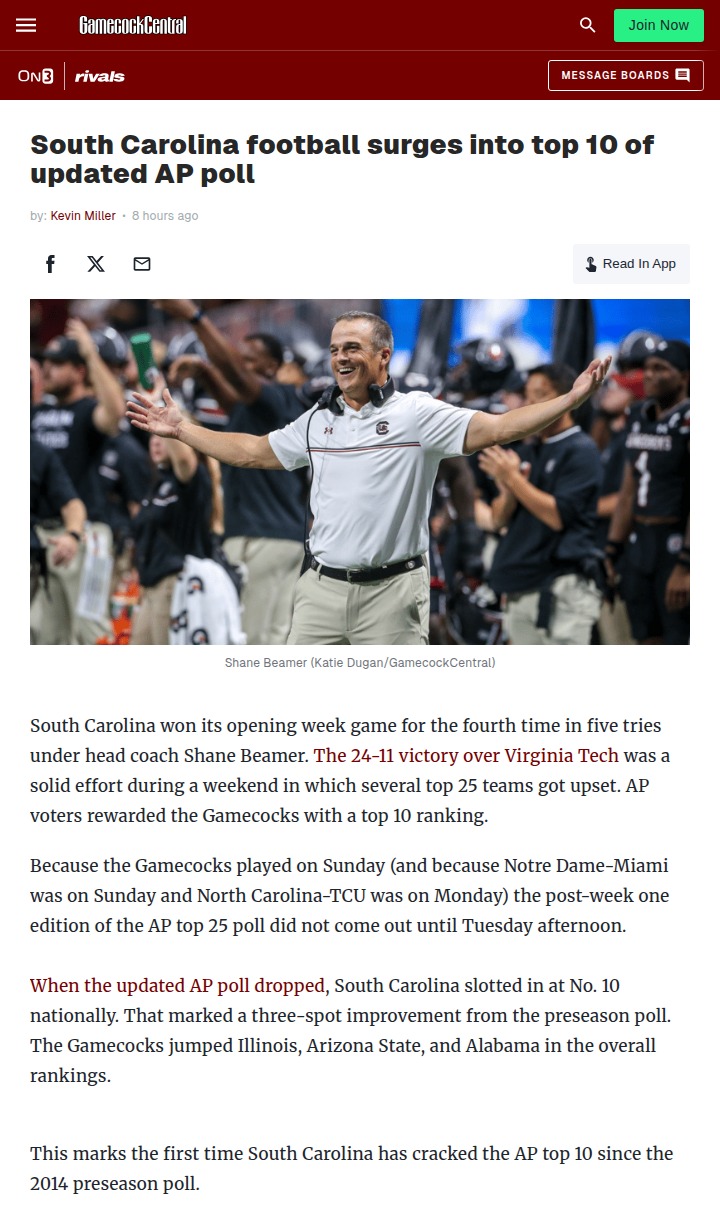 Gamecocks break into AP top 10 after big win