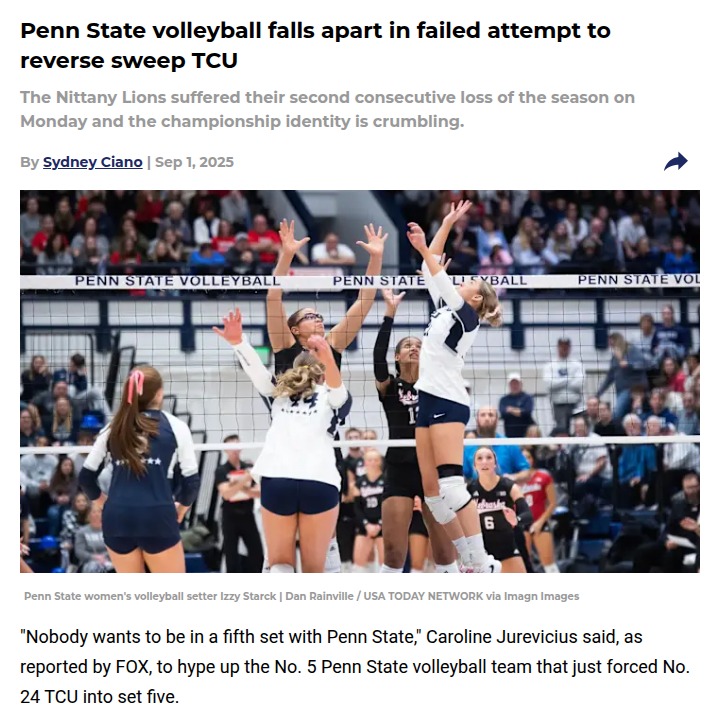 Penn State volleyball stunned by TCU in five-set thriller