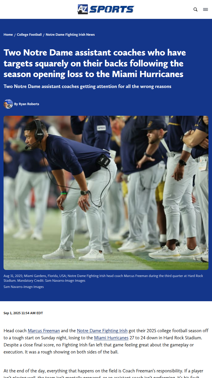 Notre Dame’s coaching staff under fire after Miami loss