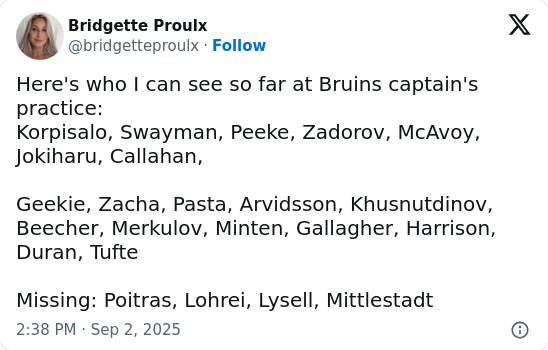 Bruins players step up as captain practices return