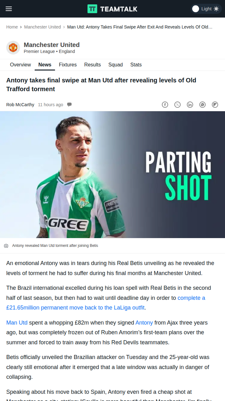 Antony’s Emotional Betis Return: Red Devils Fallout
