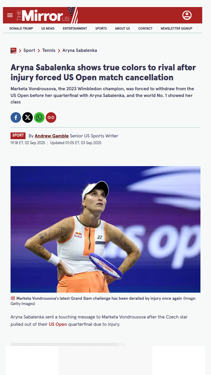 Sabalenka Moves On After Vondrousova Injury Drama