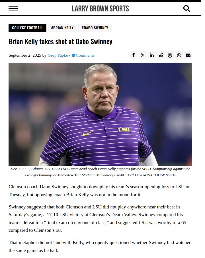 LSU coach Brian Kelly fires back at Clemson's Swinney
