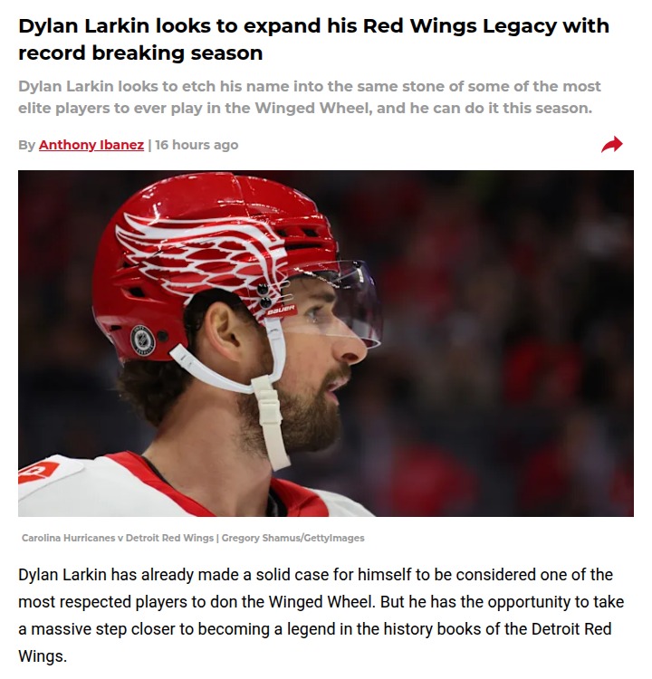 Larkin’s chase for Red Wings history heats up